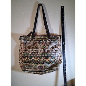 Purse Sakroots Artist Peace & Nature Tote Bag Coated Canvas BOHO Greens Browns